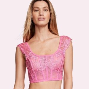 Victoria Secret Boho Floral Embroidery Cap-Sleeve Corset Top - Tickled Pink